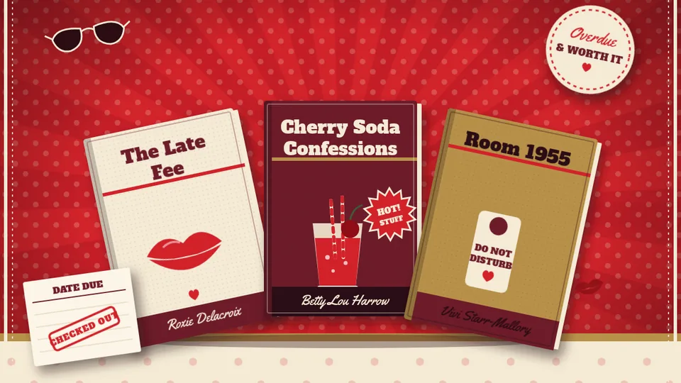 Illustration: steamy paperbacks on a red polka-dot table with sunglasses