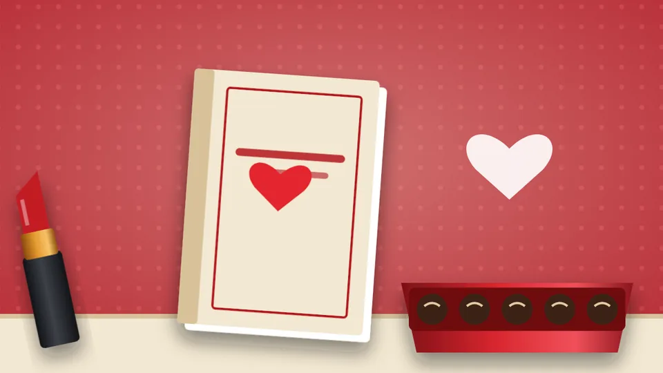 Illustration: a love-story paperback, lipstick and chocolates