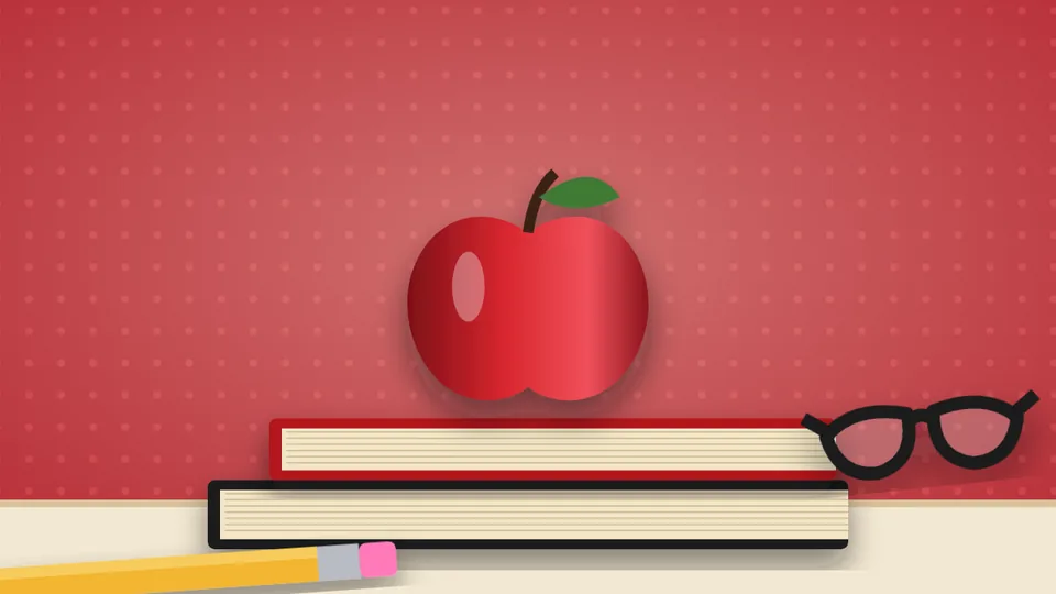 Illustration: stacked books, an apple and glasses