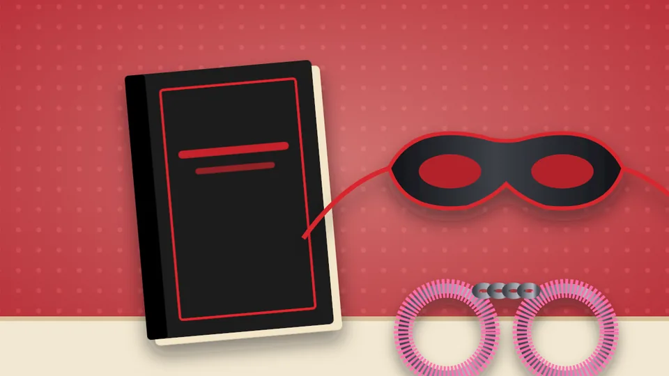 Illustration: a black paperback, a masquerade mask and fuzzy cuffs